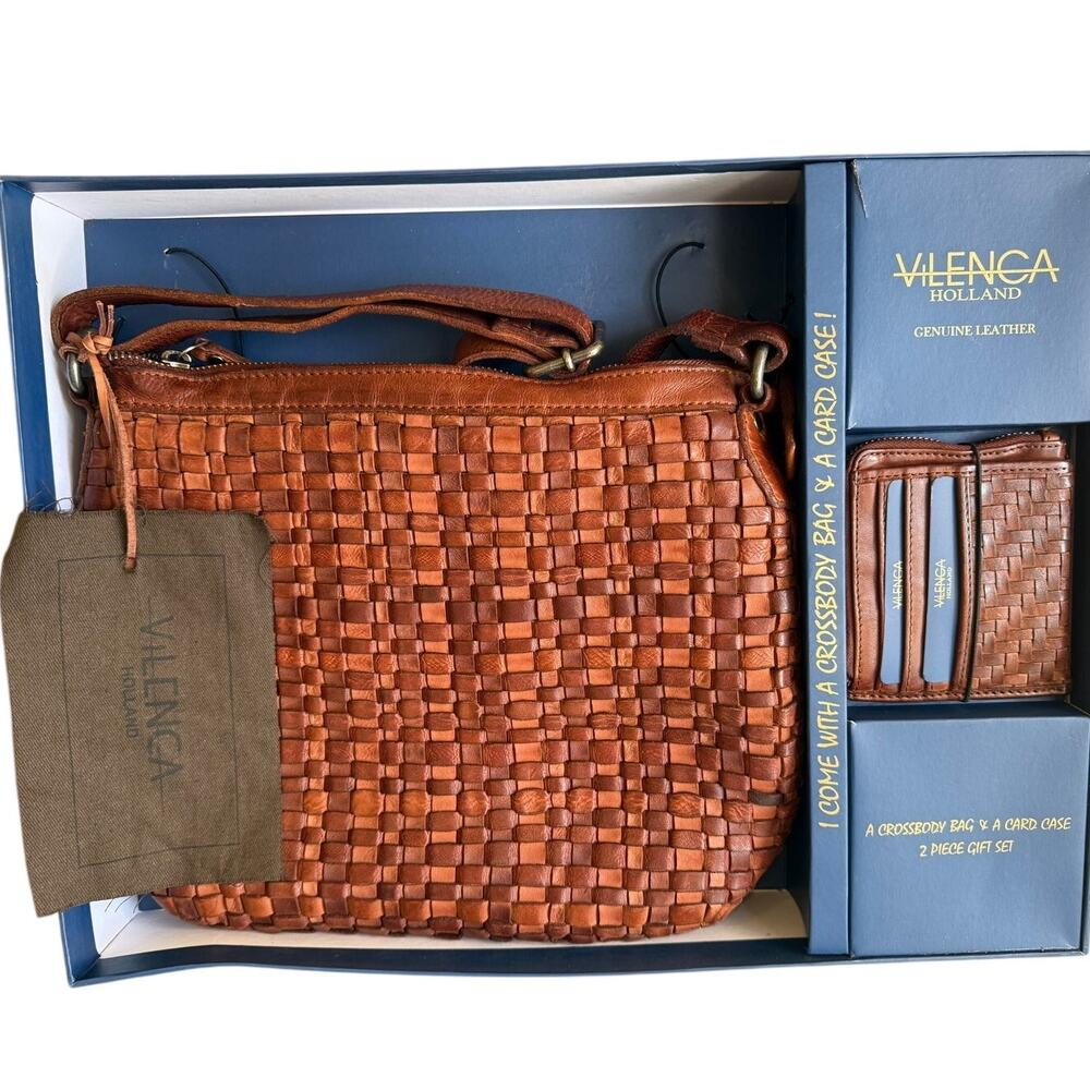 Vilenca Holland Leather Basketweave Crossbody Bag & Card Case Gift Set